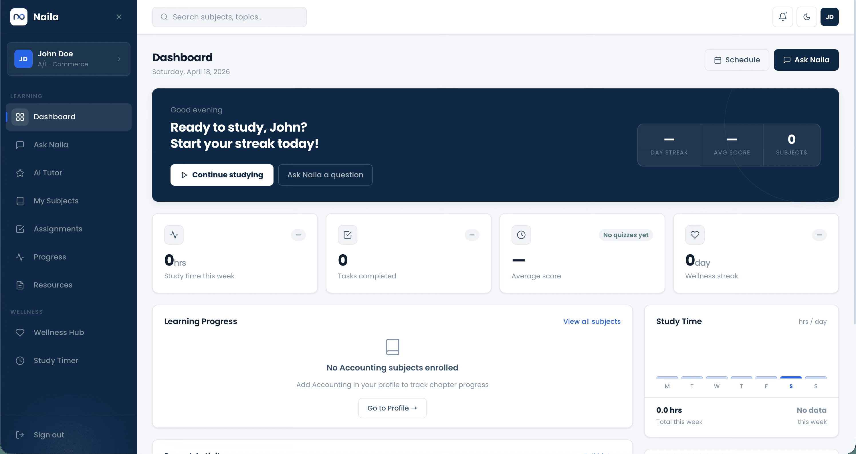 Naila student dashboard with learning progress and study modules